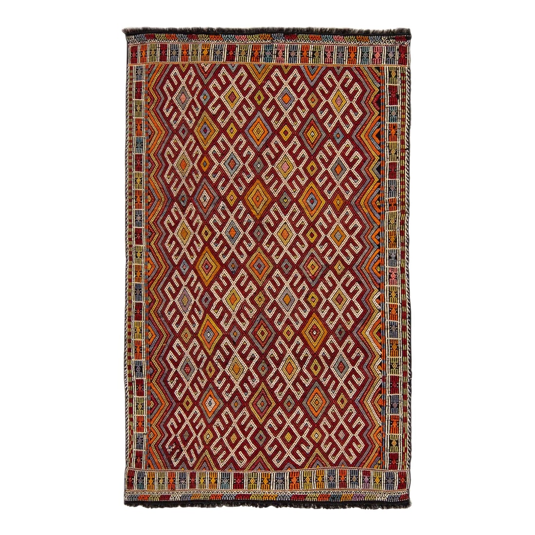 Vintage Persian Soumak Geometric Wool Rug Ruby Red 5'4 x 6': Vintage Persian Soumak Geometric Wool Rug Ruby Red 5'4 x 6' Elevate your space with this stunning vintage Persian Soumak handmade wool rug, featuring a rich ruby-red field adorned with a vibrant multi