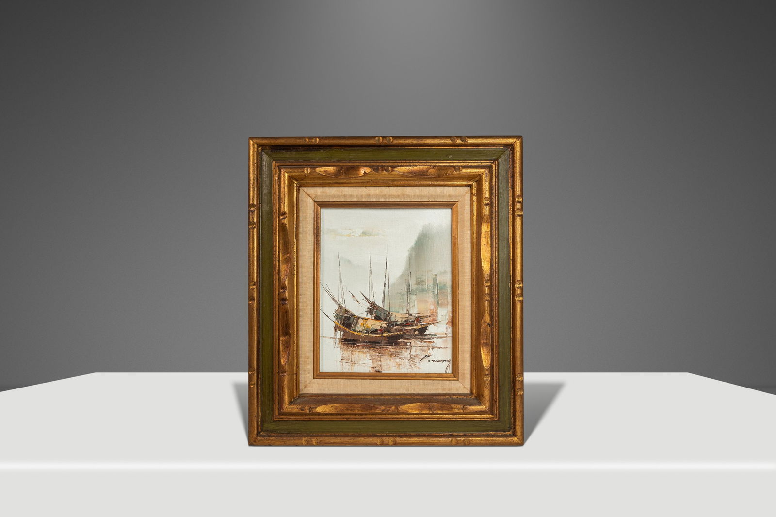 Signed P. Wong Mid-Century Modern Oil Painting "Junks at Sea" 8" x 10" 1970s USA: Signed P. Wong Mid-Century Modern Oil Painting "Junks at Sea" 8" x 10" 1970s USA Discover a stunning original oil painting titled "Junks at Sea" by P. Wong, a remarkable example of Mid-Century Modern