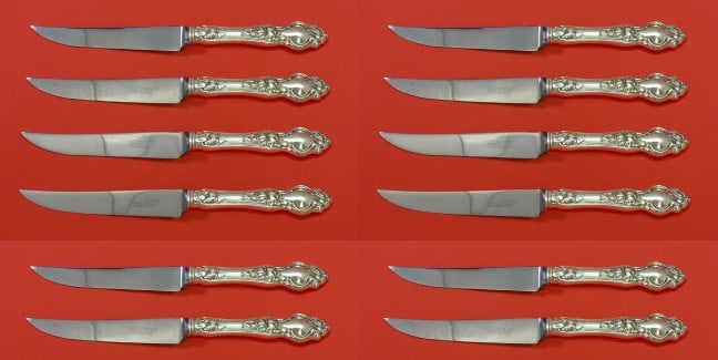 Wallace Violet Sterling Silver Steak Knife Set 12 Pieces 8.5 Inch Serrated: Wallace Violet Sterling Silver Steak Knife Set 12 Pieces 8.5 Inch Serrated This custom set of 12 steak knives features the elegant Violet pattern by Wallace. Each knife is crafted from sterling silver