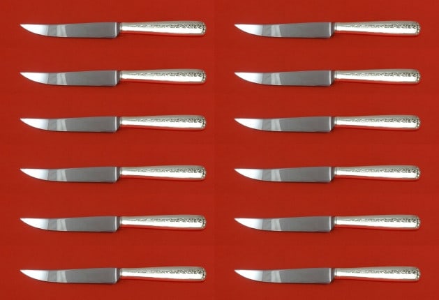 Towle Rambler Rose Sterling Silver Steak Knife Set 12 pcs 8.5": Towle Rambler Rose Sterling Silver Steak Knife Set 12 pcs 8.5" This exquisite set of 12 steak knives features the Rambler Rose pattern by Towle, a renowned name in sterling silver. Each knife is craft