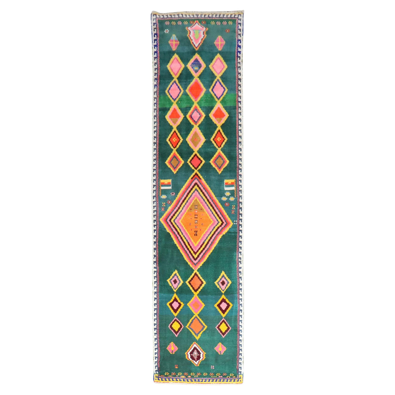 Funky Green Turkish Anatolian Wool Runner 34 x 126 Hand-Woven Bohemian Style: Funky Green Turkish Anatolian Wool Runner 34 x 126 Hand-Woven Bohemian Style Elevate your home decor with this vibrant Funky Green Turkish Anatolian Long Runner, showcasing a stunning geometric design