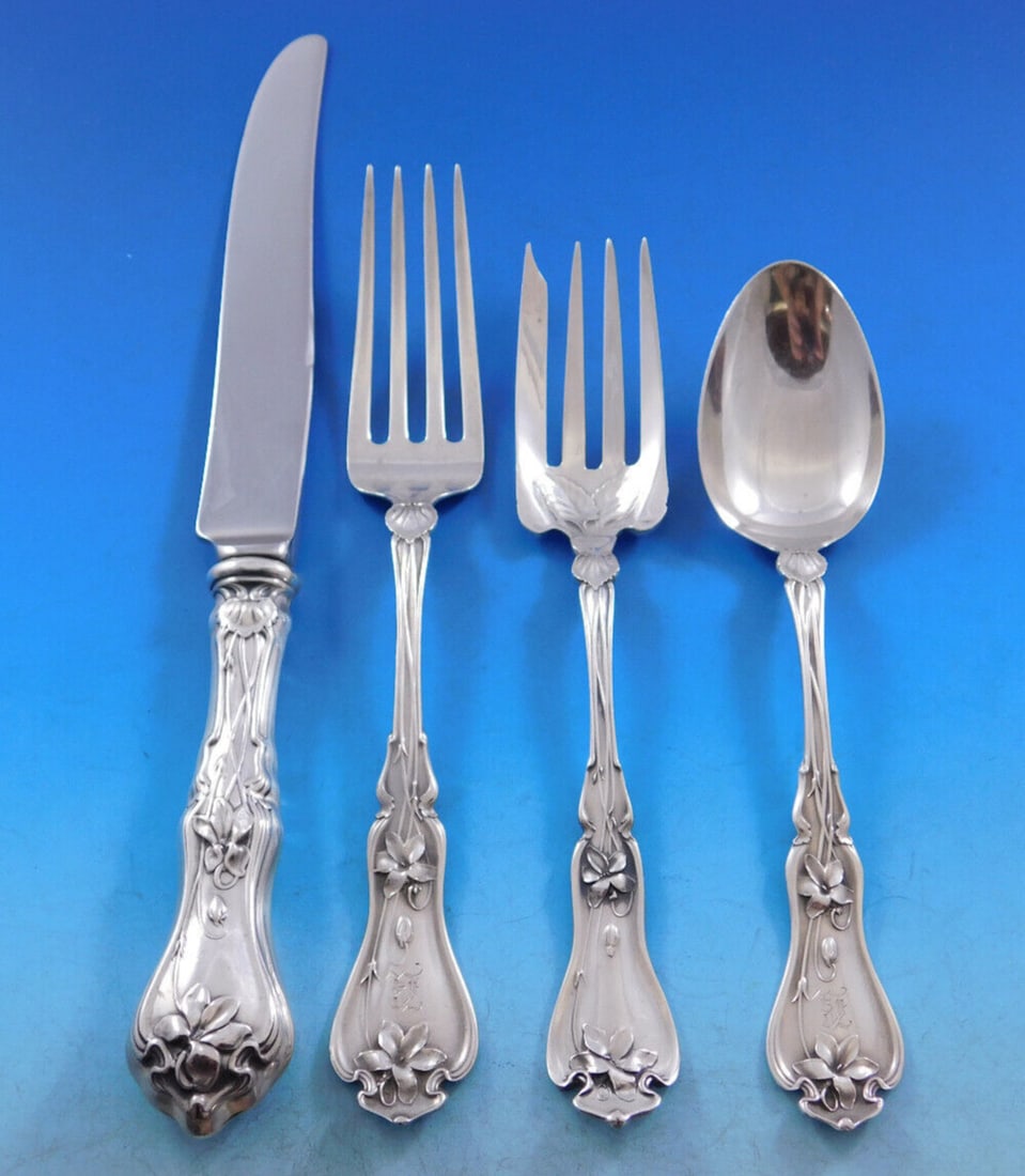 Gorham Whiting Violet Sterling Silver Flatware Set 34 Pieces for 8: Gorham Whiting Violet Sterling Silver Flatware Set 34 Pieces for 8 Elevate your dining experience with the Violet flatware set by Whiting-Gorham, crafted from exquisite sterling silver. This elegant 3