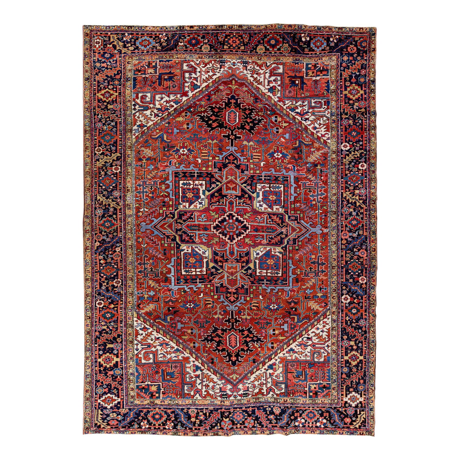 Antique Heriz Handmade Wool Rug 9' x 12'6' Medallion Design Orange-Rust: Antique Heriz Handmade Wool Rug 9' x 12'6' Medallion Design Orange-Rust This exquisite antique Heriz rug showcases a stunning hand-knotted wool construction featuring a vibrant orange-rust field, beau