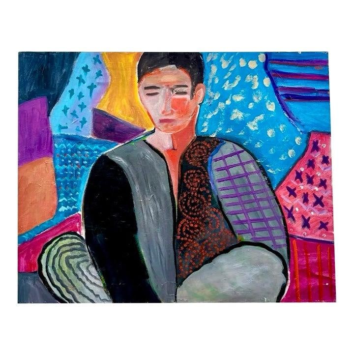 Expressive Canvas Portrait Painting with Bold Bohemian Colors: Expressive Canvas Portrait Painting with Bold Bohemian Colors This vintage Boho Fauvist portrait painting showcases a contemplative figure surrounded by a vibrant patchwork of bold, patterned backgrou