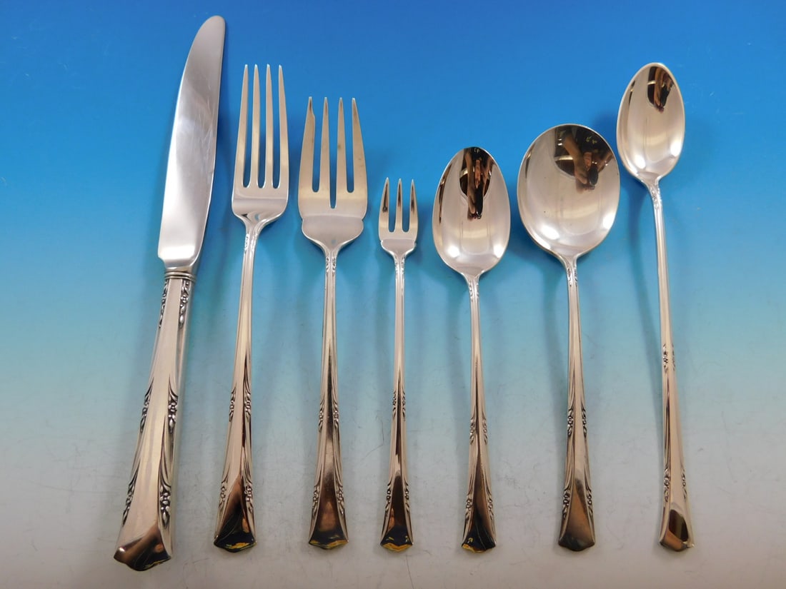 Gorham Greenbrier Sterling Silver Flatware Set for 8 with 56 Pieces: Gorham Greenbrier Sterling Silver Flatware Set for 8 with 56 Pieces Experience the timeless elegance of the Greenbrier by Gorham Sterling Silver Flatware Set, designed for service of 8. This heirloom-