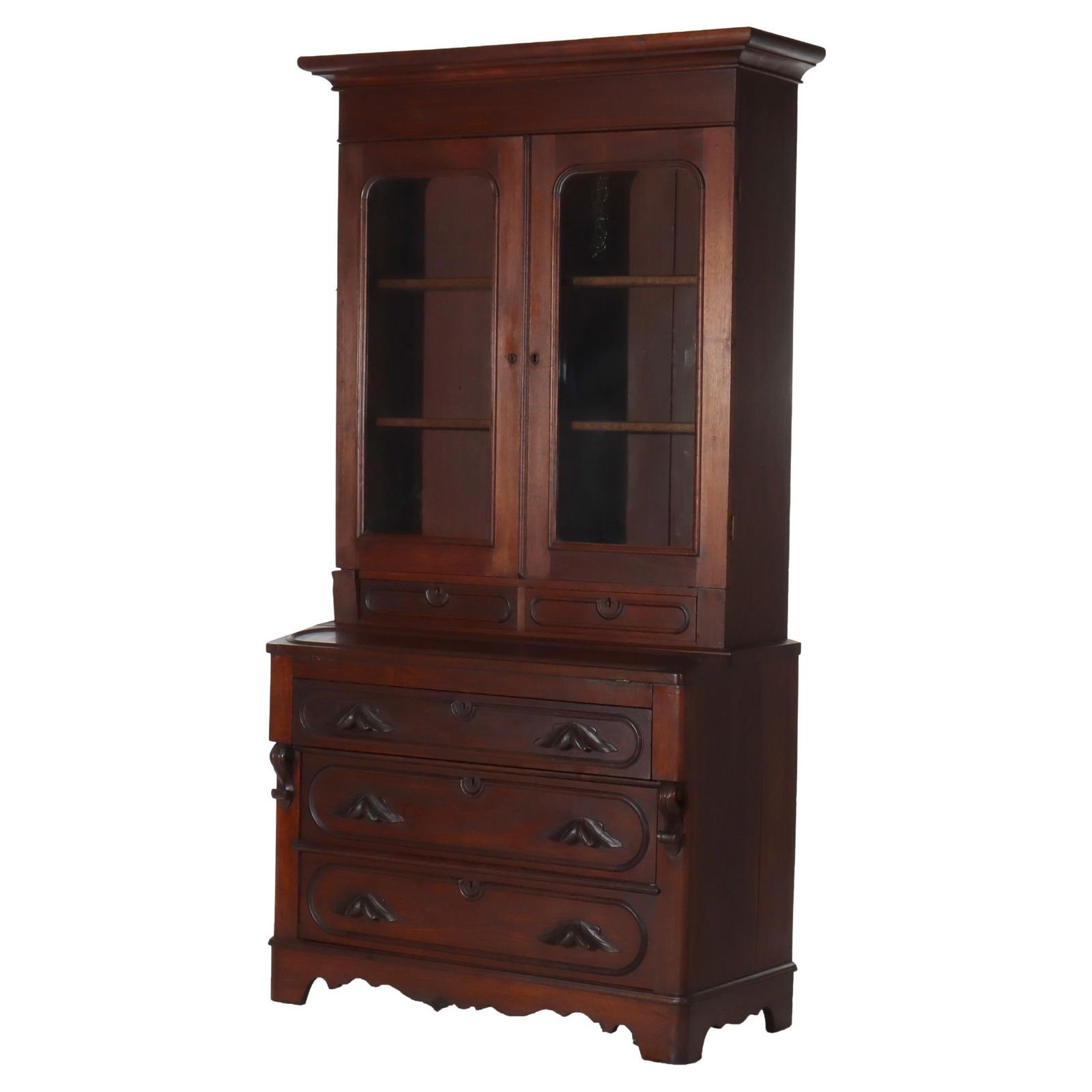 C1880 Eastlake Victorian Walnut Secretary Desk with Glass Panels: C1880 Eastlake Victorian Walnut Secretary Desk with Glass Panels This exquisite Antique Eastlake Victorian Walnut Secretary Desk, dating back to circa 1880, showcases the elegance of the late 19th cen