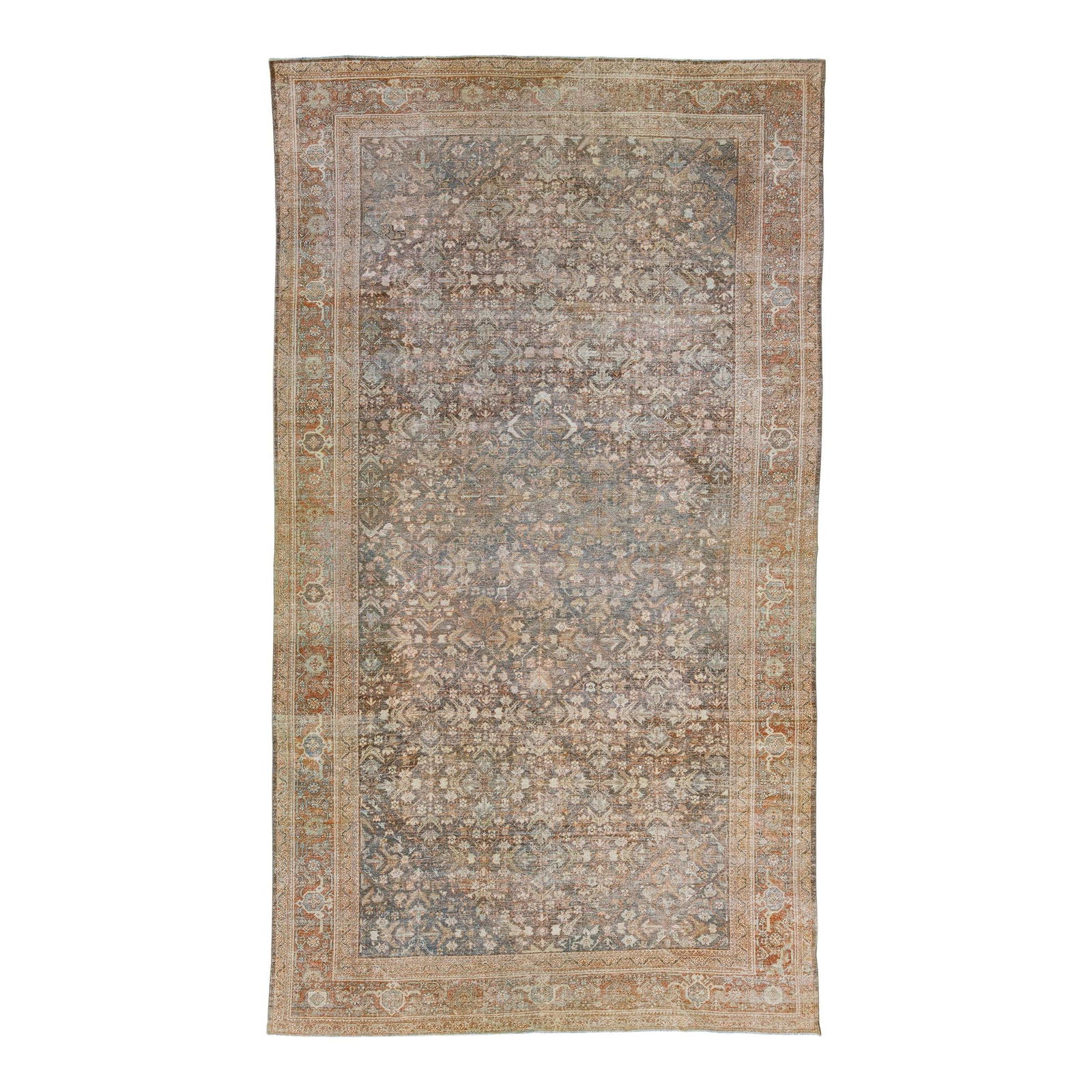 Stunning 1960s Persian Mahal Hand-Knotted Wool Rug 10'1" x 18'1" Gray and Rust: Stunning 1960s Persian Mahal Hand-Knotted Wool Rug 10'1" x 18'1" Gray and Rust This exquisite antique Mahal rug features a stunning hand-knotted design in a gray field, beautifully accented with orang
