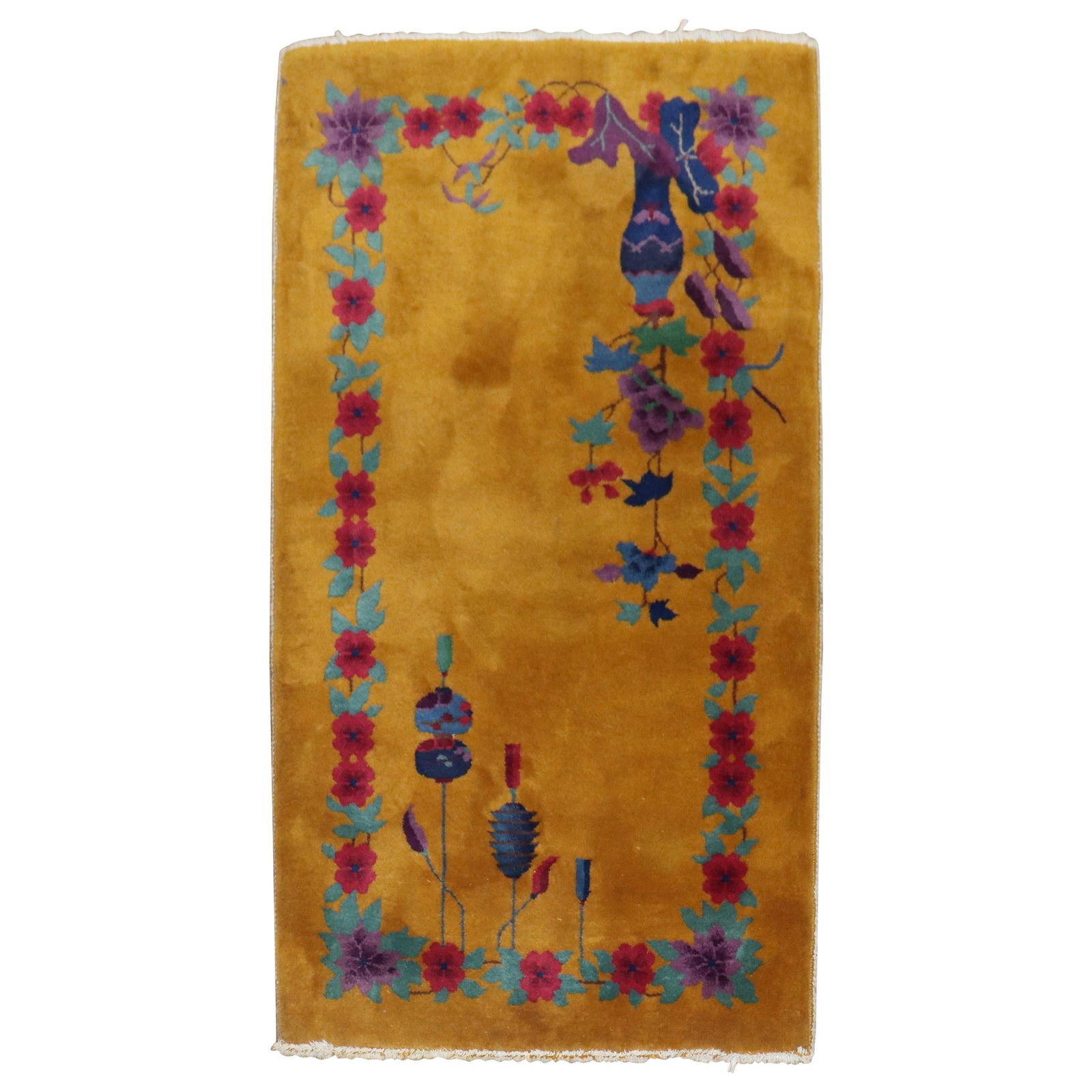 Goldenrod Chinese Art Deco Hand-Woven Wool Scatter Rug 31 x 53: Goldenrod Chinese Art Deco Hand-Woven Wool Scatter Rug 31 x 53 Discover the elegance of this authentic mid-20th century Chinese Art Deco scatter rug, showcasing a spacious open field floral design in