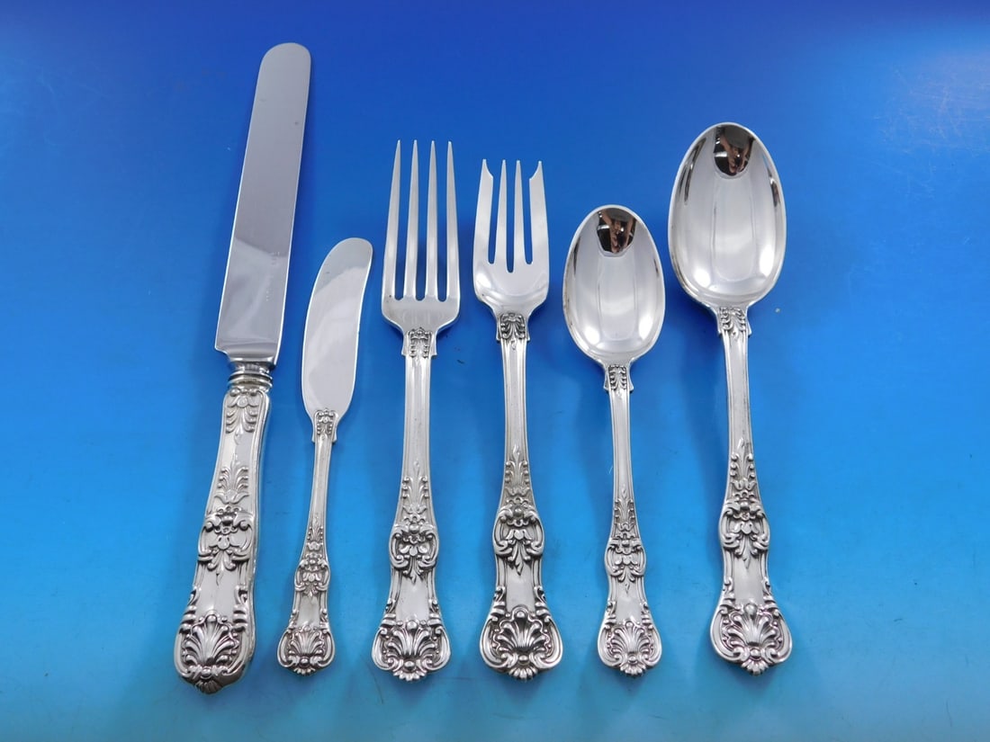 Tiffany & Co English King Sterling Silver Flatware Set 77 Pieces Service for 12: Tiffany & Co English King Sterling Silver Flatware Set 77 Pieces Service for 12 Presenting the exquisite English King Flatware Set by Tiffany & Co., crafted from high-quality sterling silver. This rem