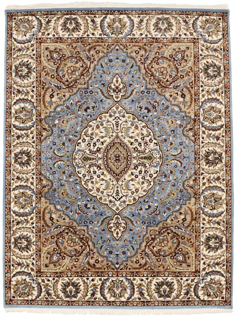 Hand-Knotted Wool Area Rug with Kirman Floral Motif 5'9 x 7'6: Hand-Knotted Wool Area Rug with Kirman Floral Motif 5'9 x 7'6 This vintage-style Kirman oriental area rug features a classic floral design in shades of blue, cream, khaki, burgundy, tan, brown, and ol