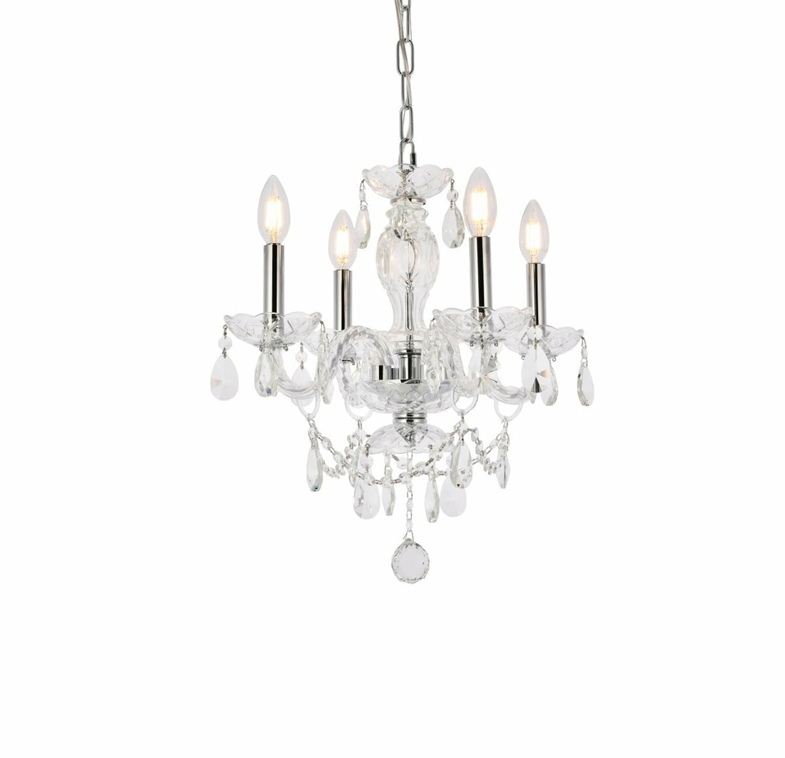 Calista Chrome 4-Light Crystal Pendant Chandelier 17 inches: Calista Chrome 4-Light Crystal Pendant Chandelier 17 inches Illuminate your space with this stunning Calista 4-Light Pendant Chandelier, featuring a sleek chrome finish and exquisite clear glass cryst