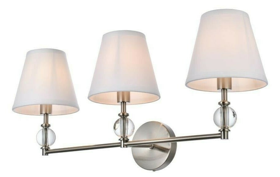 Bethany 3 Light Satin Nickel Wall Sconce with White Fabric Shade and Crystal Accents: Bethany 3 Light Satin Nickel Wall Sconce with White Fabric Shade and Crystal Accents This modern wall sconce features a satin nickel finish and is designed with three lights. It incorporates glass or