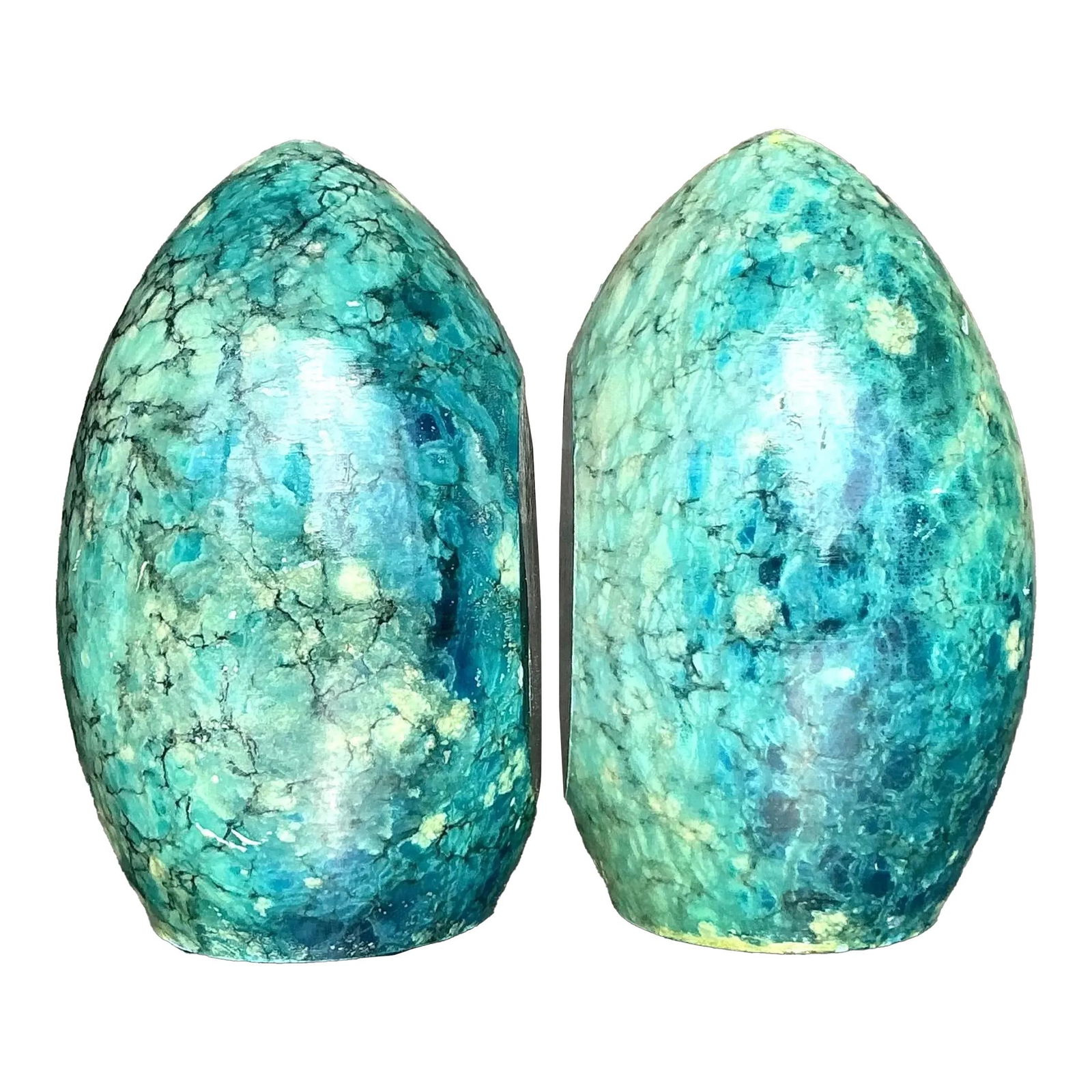 Mid-Century Italian Turquoise Alabaster Bookends Set of 2: Mid-Century Italian Turquoise Alabaster Bookends Set of 2 Enhance your decor with this exquisite set of vintage Italian bookends, meticulously crafted from vibrant turquoise alabaster. Featuring polis