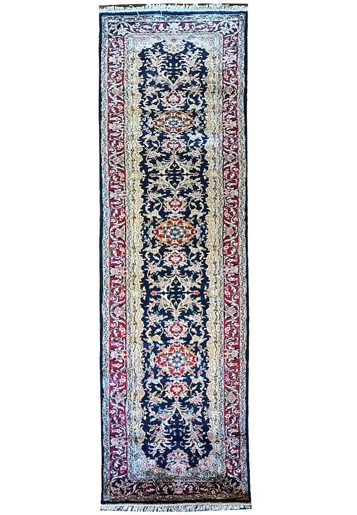 Elegant 2.6 x 13 Hand-Knotted Bamboo Silk Runner Rug Midnight Blue: Elegant 2.6 x 13 Hand-Knotted Bamboo Silk Runner Rug Midnight Blue Free continental US Shipping Introducing a stunning 13-foot runner hand-knotted from luxurious bamboo silk, featuring an elegant midn