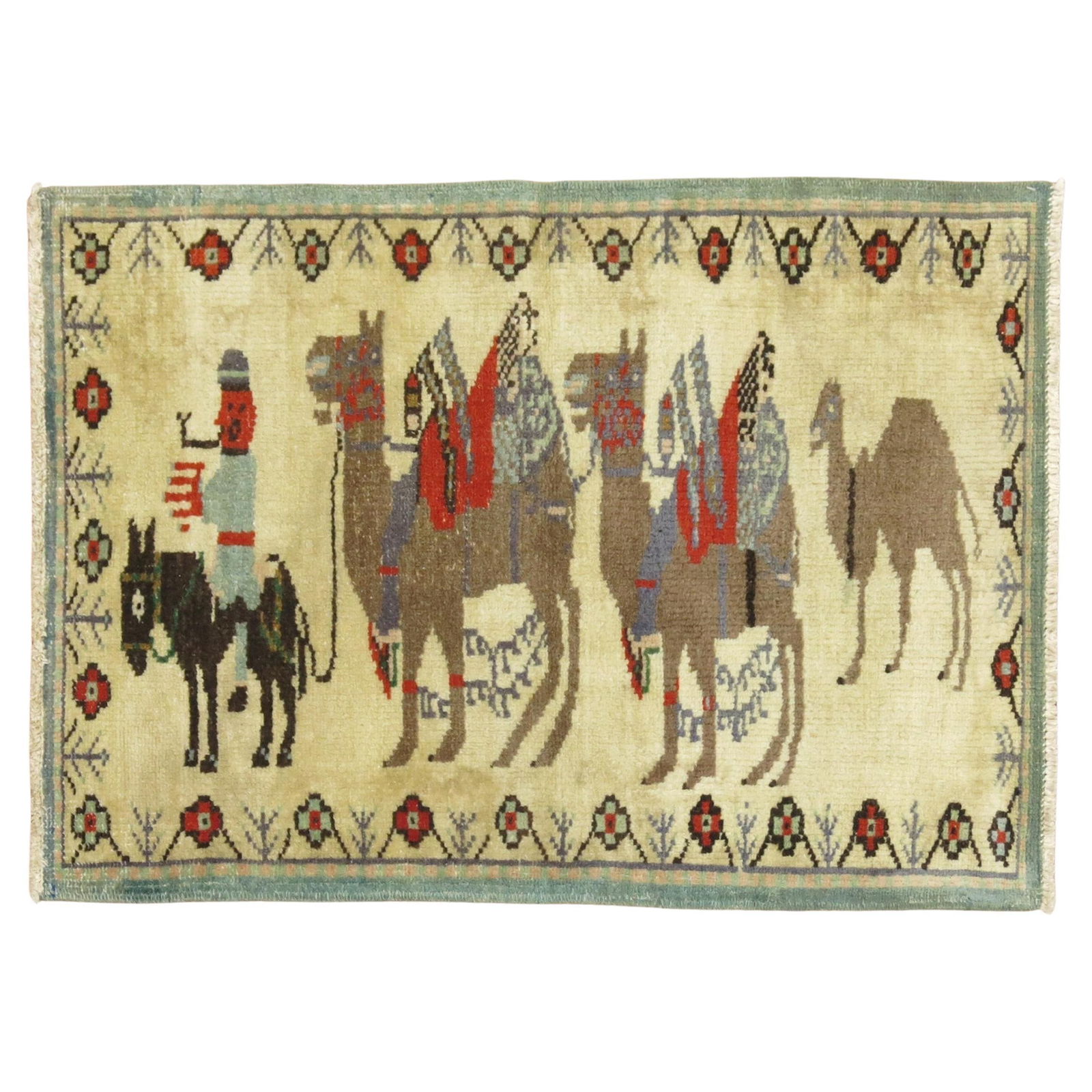 Mid-20th Century Turkish Wool Pictorial Scatter Rug with Camels: Mid-20th Century Turkish Wool Pictorial Scatter Rug with Camels Add a touch of unique charm to your home with this mid-20th century Turkish pictorial scatter rug. Hand-woven from high-quality wool, th