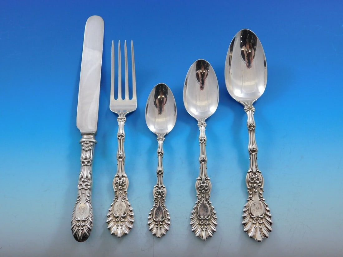 Whiting Radiant Sterling Silver Flatware Set 73 Pieces Vintage Chest: Whiting Radiant Sterling Silver Flatware Set 73 Pieces Vintage Chest Discover the elegance of the Radiant by Whiting Sterling Silver Flatware Set, a stunning collection dating from 1850 to 1899. This