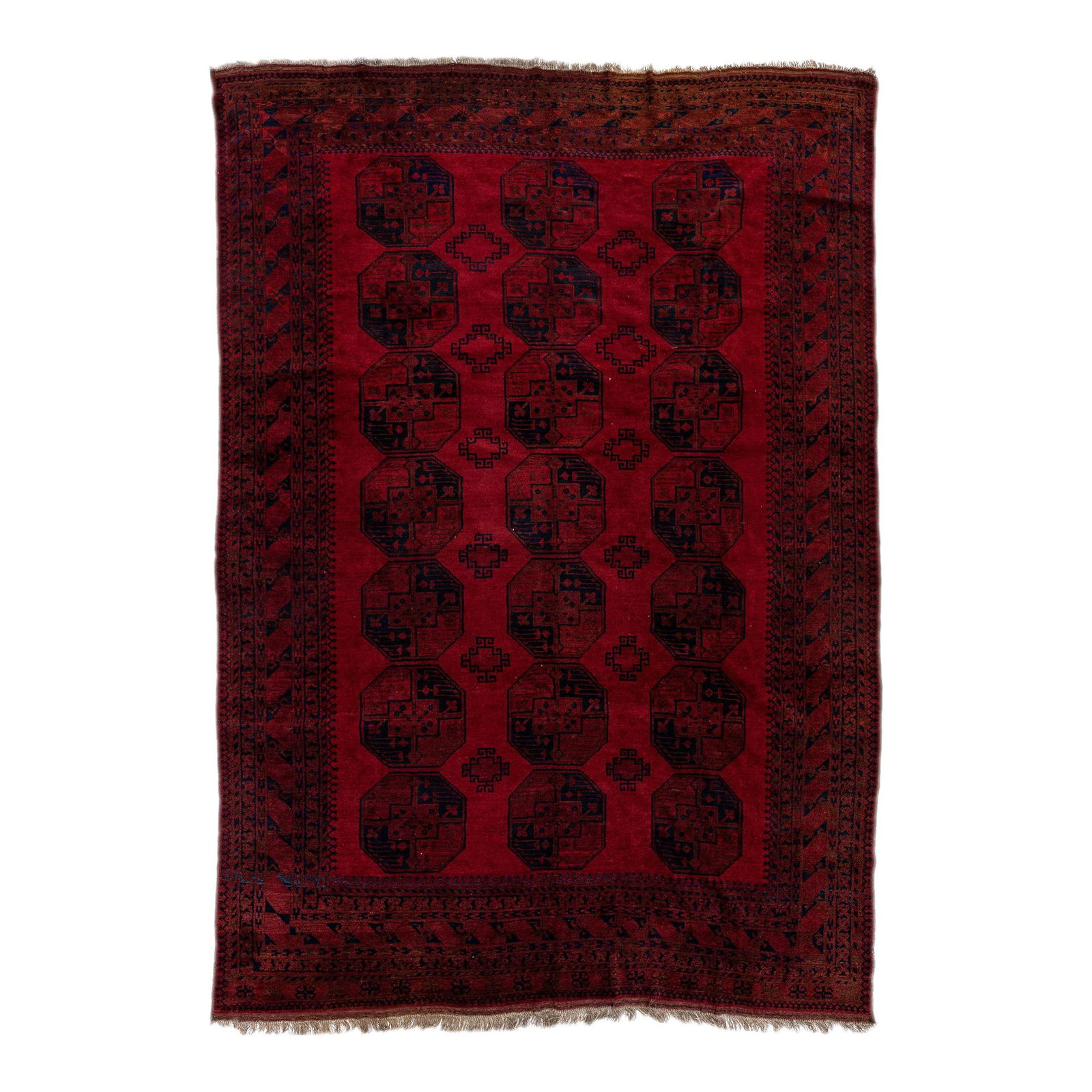 Antique Turkmen Hand-Knotted Wool Rug 8'9 x 12'2 Red Blue Gul Motif: Antique Turkmen Hand-Knotted Wool Rug 8'9 x 12'2 Red Blue Gul Motif Explore the elegance of this stunning antique Turkmen hand-knotted wool rug, featuring a vibrant red field beautifully contrasted wi