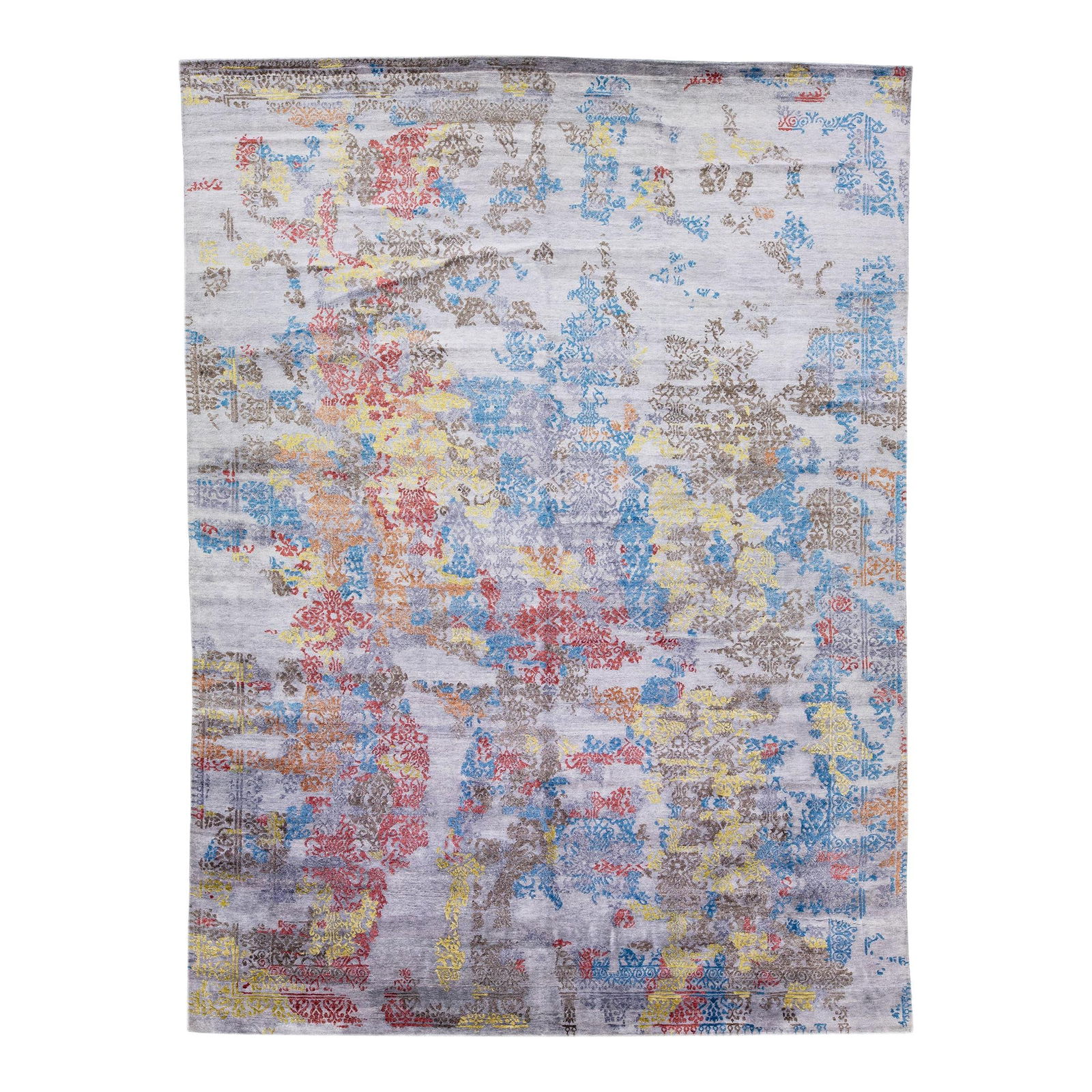 Handmade Wool Silk Rug 10' x 14' Multicolor Abstract Gray Design: Handmade Wool Silk Rug 10' x 14' Multicolor Abstract Gray Design This exquisite handmade rug features a stunning blend of wool and silk, showcasing a gray field adorned with a vibrant multicolor abstr