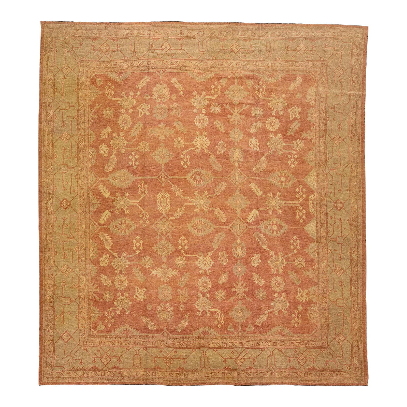 Turkish Oushak Hand-Knotted Wool Rug with Floral Motif 13'10 x 15'5: Turkish Oushak Hand-Knotted Wool Rug with Floral Motif 13'10 x 15'5 This exquisite modern Turkish Oushak rug features a hand-knotted wool construction with a light rust-orange field, complemented by g