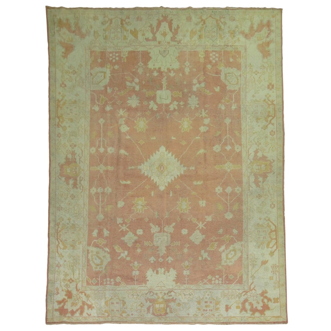 Antique Turkish Oushak Carpet Peach Mid-Century Modern 94 x 130: Antique Turkish Oushak Carpet Peach Mid-Century Modern 94 x 130 This exquisite early 20th century Turkish Oushak carpet showcases a soft peach all-over palette, embodying the elegance of Mid-Century M
