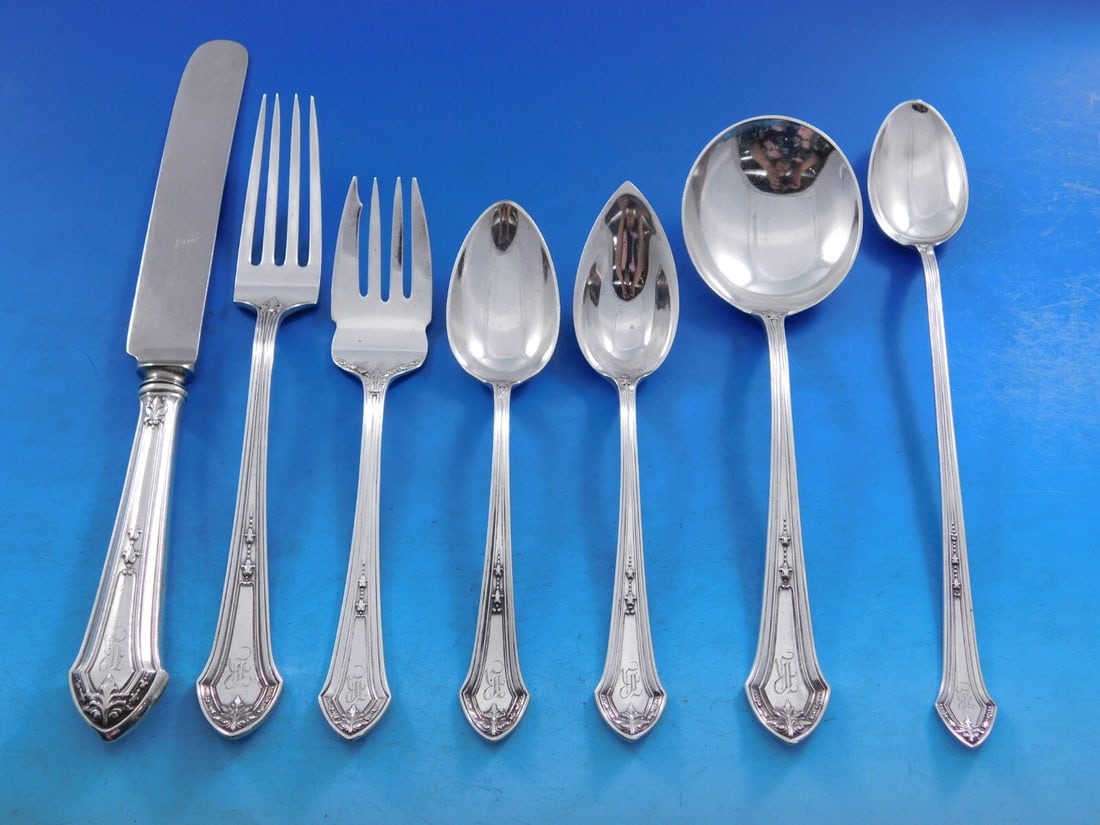Durgin Lenox Sterling Silver Flatware Set for 8 63 pcs R Monogram Art Deco: Durgin Lenox Sterling Silver Flatware Set for 8 63 pcs R Monogram Art Deco This exquisite Lenox by Durgin Sterling Silver Flatware Set is designed for 8, featuring a total of 63 pieces that embody the