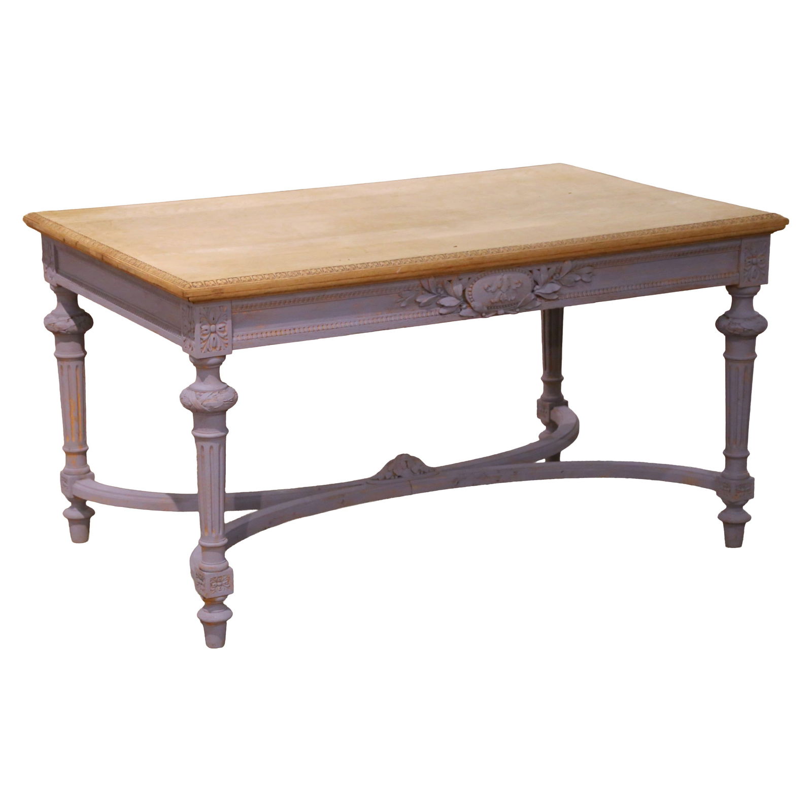 French Louis XVI Style Oak Desk Circa 1850 With Painted Base And Bleached Top: French Louis XVI Style Oak Desk Circa 1850 With Painted Base And Bleached Top This antique French writing desk, dating to the mid-19th century, is crafted in the refined Louis XVI style. Made from sol