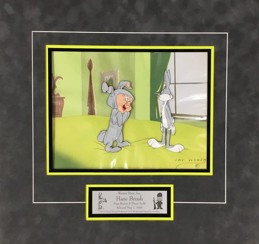 1955 Bugs Bunny Hare Brush Signed Animation Cel by Irv Wyner: 1955 Bugs Bunny Hare Brush Signed Animation Cel by Irv Wyner This original 1955 animation production cel features Bugs Bunny and Elmer Fudd, a classic piece from Warner Bros.' Looney Tunes franchise.