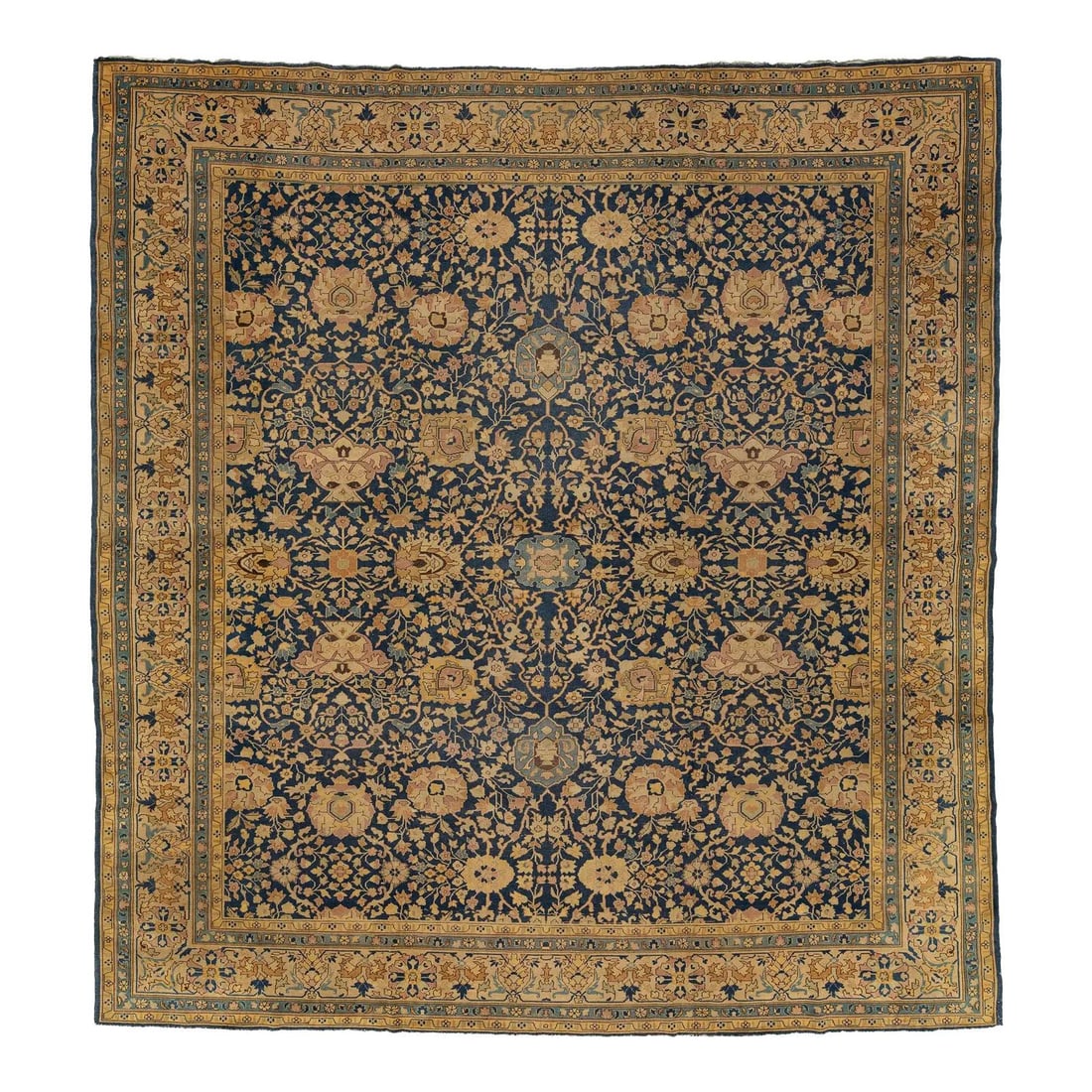Antique Persian Tabriz 11' x 11'7" Blue Floral Wool Rug: Antique Persian Tabriz 11' x 11'7" Blue Floral Wool Rug This exquisite antique Persian Tabriz rug, dating back to the 1880s, showcases a stunning dark blue field adorned with a captivating all-over fl