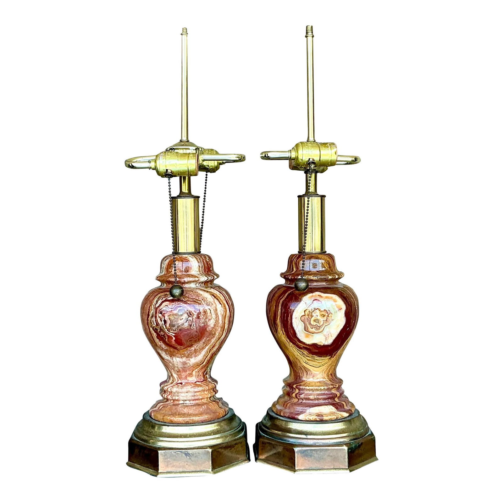 Vintage Boho Onyx Table Lamps Pair with Brass Base: Vintage Boho Onyx Table Lamps Pair with Brass Base Enhance your living space with this exquisite pair of Vintage Boho Onyx Lamps. Each lamp is beautifully crafted from translucent onyx, showcasing uni