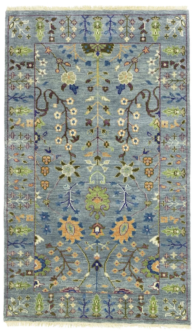 Muted Floral Osh Chobi Rug 3 x 5 ft Hand-Knotted Wool Modern Design: Muted Floral Osh Chobi Rug 3 x 5 ft Hand-Knotted Wool Modern Design Enhance your space with this exquisite hand-knotted floral Osh Chobi oriental rug. Measuring 2'11" x 5'1" (approximately 3X5 ft), th