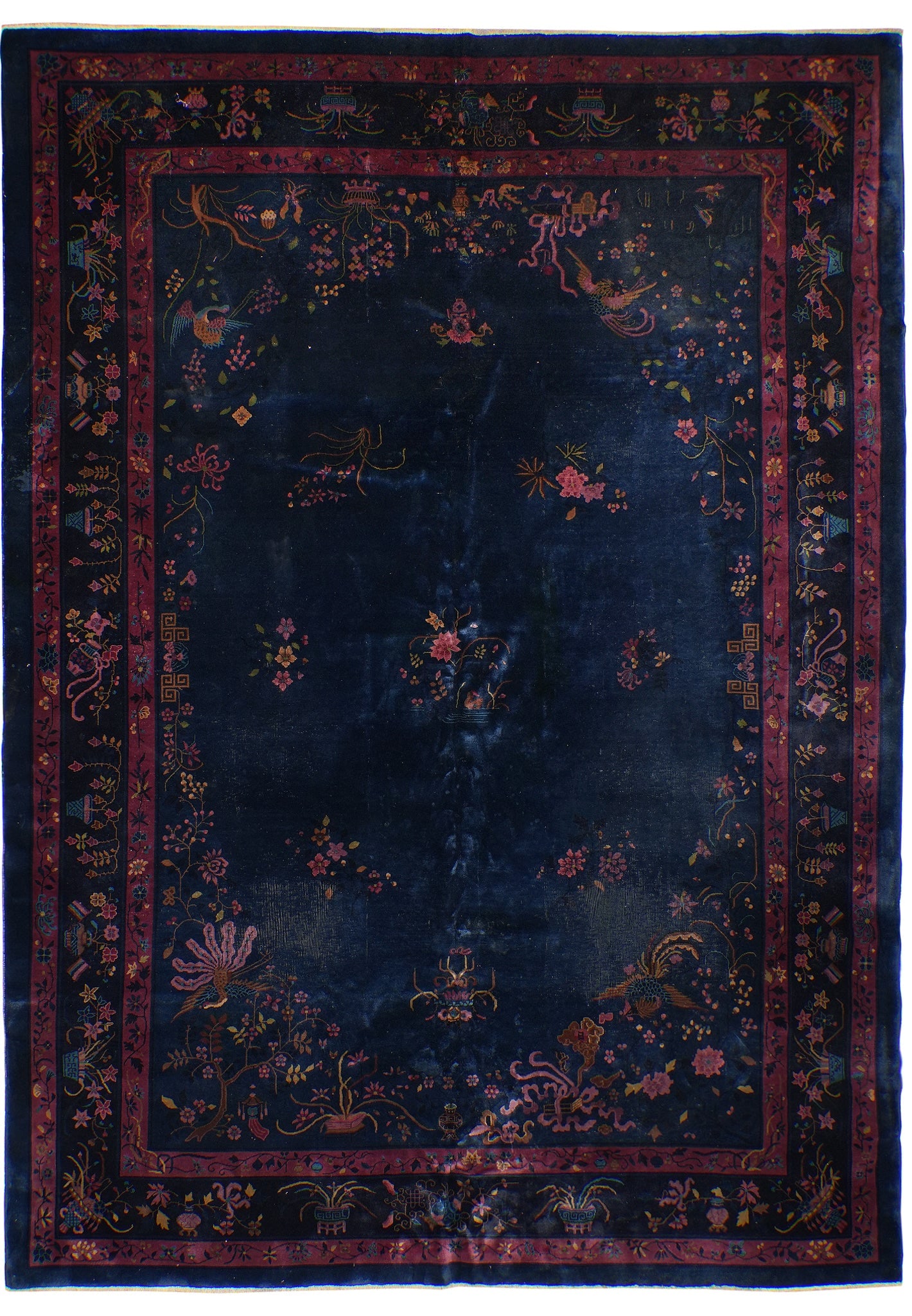 10.8 x 14.5 Antiqued Art Deco Chinese Hand-Knotted Wool Rug Chobi Design: 10.8 x 14.5 Antiqued Art Deco Chinese Hand-Knotted Wool Rug Chobi Design Free continental US Shipping This hand-knotted wool Art Deco Chinese rug features an antiqued finish and a rich, dense weave. C