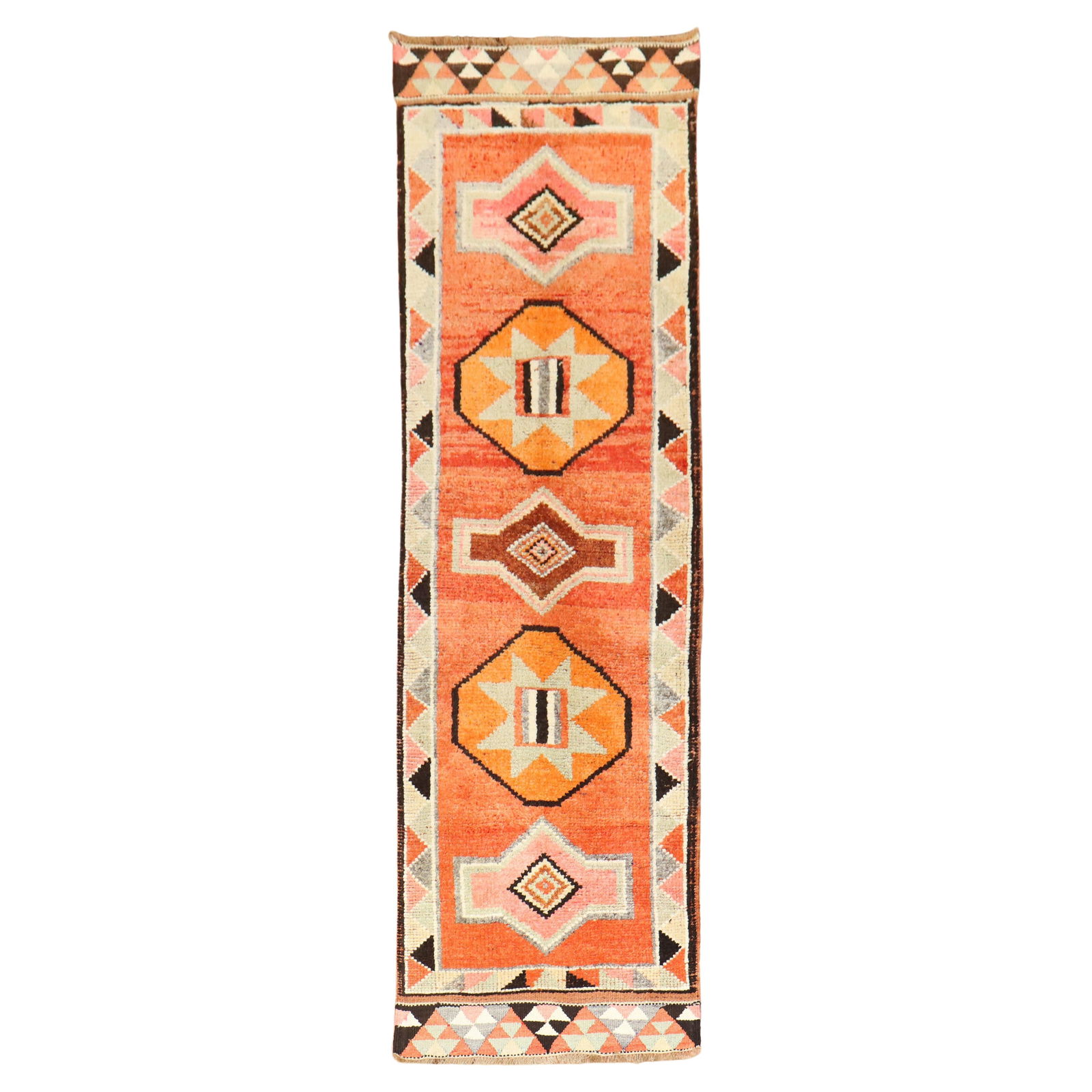 Bohemian Orange Tribal Turkish Anatolian Runner 33 x 112 Hand-Woven Wool 1940s: Bohemian Orange Tribal Turkish Anatolian Runner 33 x 112 Hand-Woven Wool 1940s This stunning mid-20th century Turkish Anatolian runner showcases a captivating tribal design featuring a rich palette of