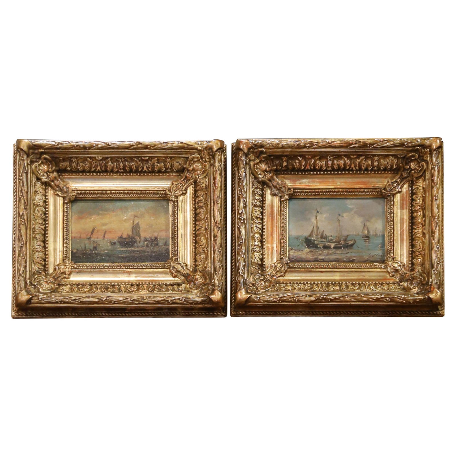 19th Century French Marine Oil Paintings Set of 2 in Giltwood Frames: 19th Century French Marine Oil Paintings Set of 2 in Giltwood Frames This exquisite pair of 19th-century French marine oil paintings is a stunning example of coastal life captured in remarkable detail