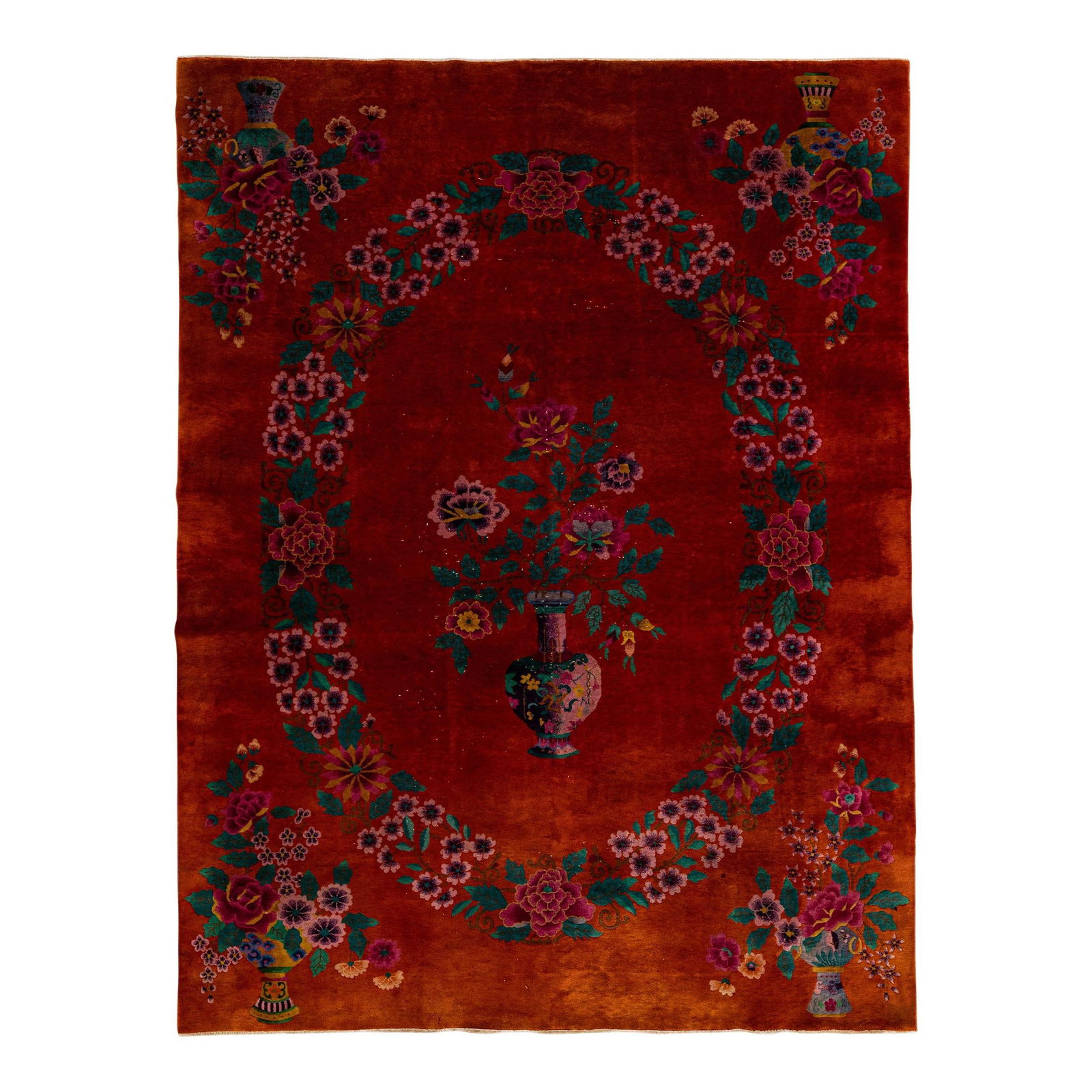 Antique Art Deco Chinese Wool Rug 8'9 x 11'7 Floral Design Red: Antique Art Deco Chinese Wool Rug 8'9 x 11'7 Floral Design Red Discover this exquisite antique Art Deco Chinese rug, meticulously hand-knotted from high-quality wool. Featuring a vibrant red field ado