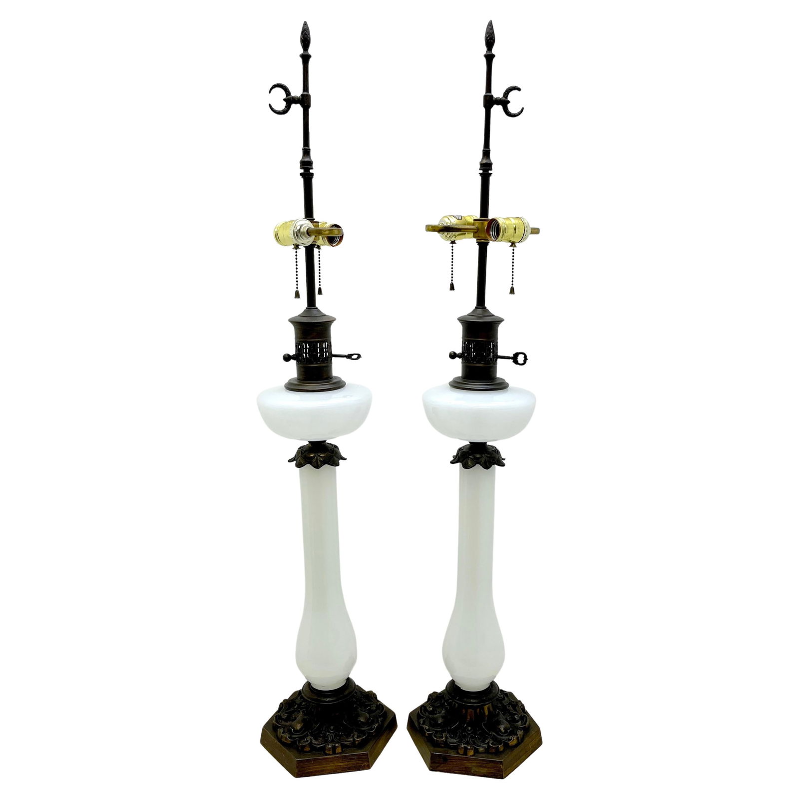 Set of 2 Tall French Neoclassical Electrified Opaline Oil Lamps: Set of 2 Tall French Neoclassical Electrified Opaline Oil Lamps This exquisite pair of tall French Neoclassical opaline oil lamps, now electrified, beautifully combines historical elegance with modern