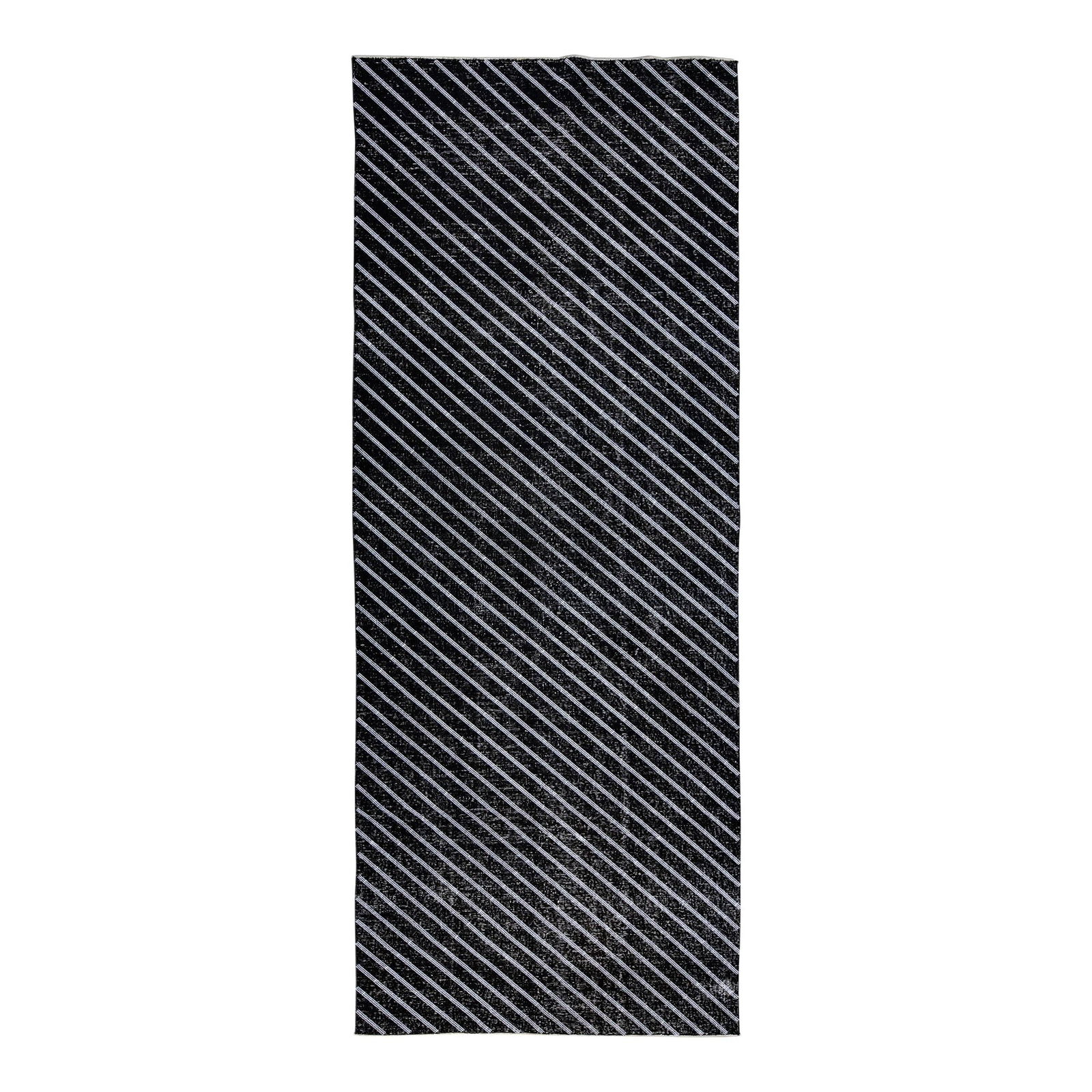 Turkish Handmade Black Wool Rug with Diagonal Line Pattern 4'9 x 12'4: Turkish Handmade Black Wool Rug with Diagonal Line Pattern 4'9 x 12'4 Enhance your space with this exquisite Modern Turkish Handmade Wool Rug. Featuring a striking black distressed look, this rug show