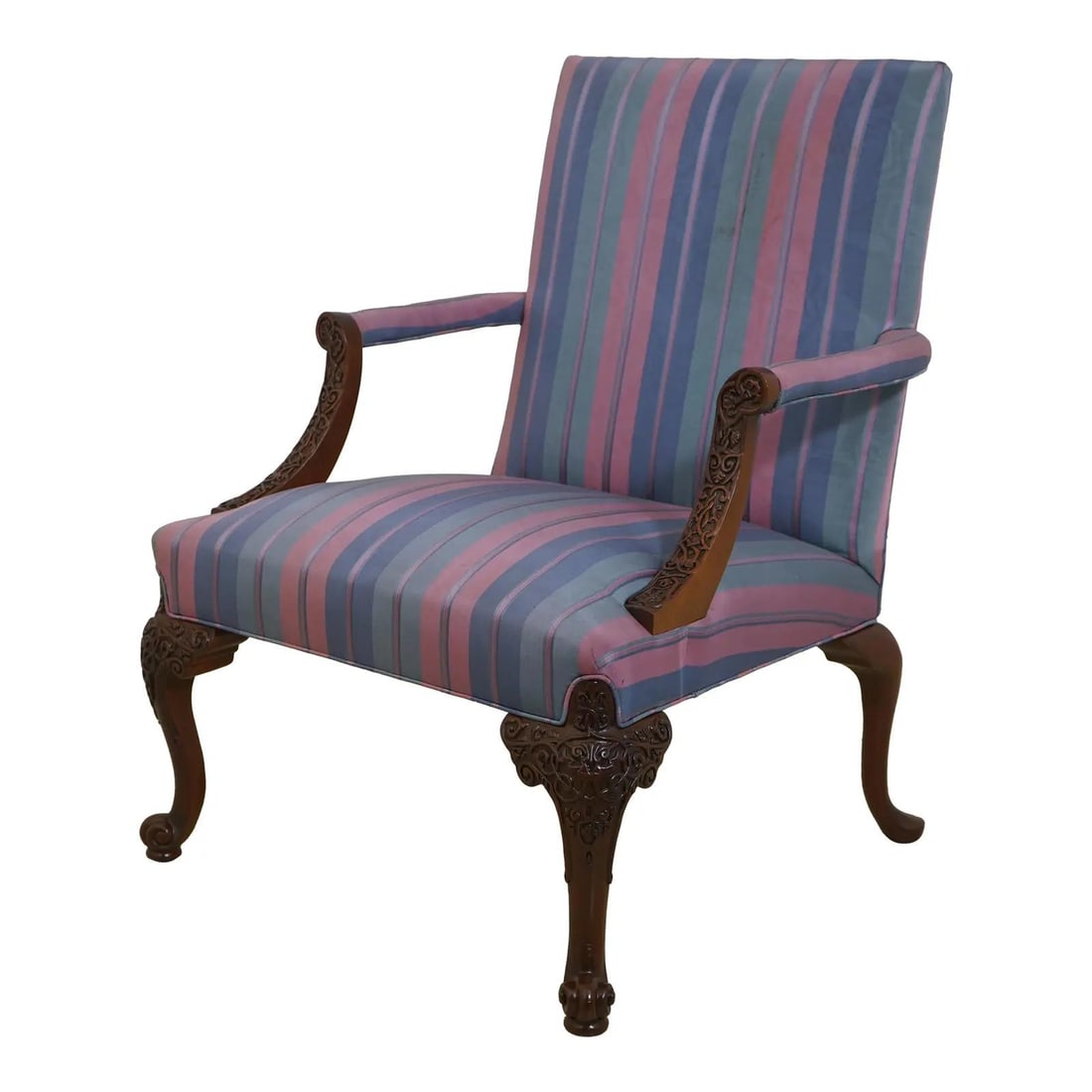 Irish Georgian Ornate Carved Frame Upholstered Chair: Irish Georgian Ornate Carved Frame Upholstered Chair This exquisite Irish Georgian upholstered library chair, approximately 50 years old, features beautifully scrolled legs and a high-quality carved f