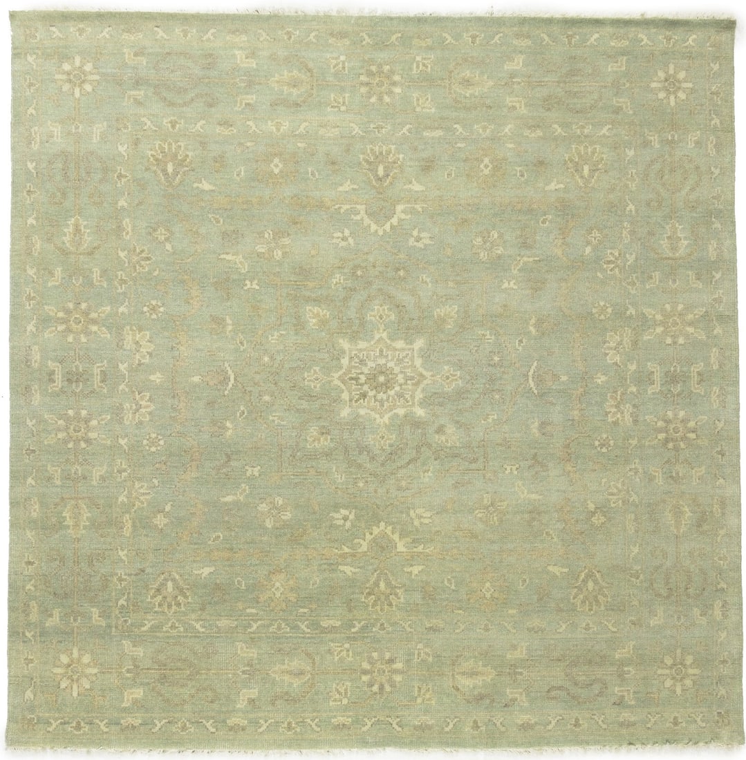 Handmade Floral Round Oriental Rug 10ft Aqua Green Wool: Handmade Floral Round Oriental Rug 10ft Aqua Green Wool Enhance your living space with this exquisite Handmade Floral Transitional Round Oriental Rug in a soft muted aqua green palette. Crafted with c