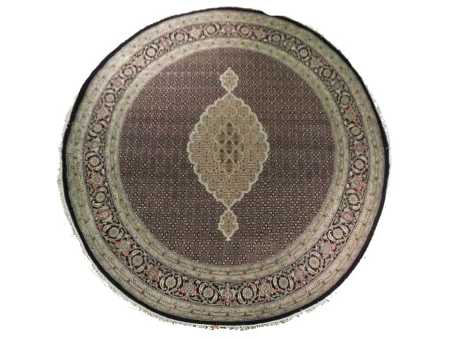 8' Round Brown Wool Silk Tabriz Mahi Handwoven Area Rug: 8' Round Brown Wool Silk Tabriz Mahi Handwoven Area Rug Free continental US Shipping Transform your living space with this exquisite 8 x 8 Brown Wool and Silk Tabriz Mahi Round Rug. This handcrafted p
