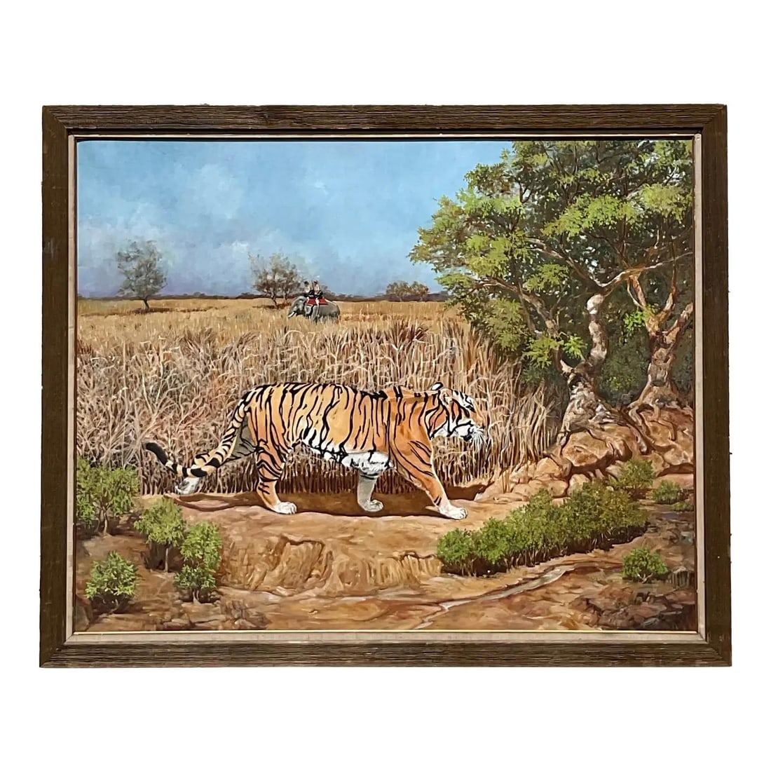Vintage Boho Tiger Oil Painting Canvas 66" W 54" H: Vintage Boho Tiger Oil Painting Canvas 66" W 54" H Transform your space with this extraordinary vintage boho monumental oil painting on canvas, showcasing a stunning scene of a majestic tiger in its n