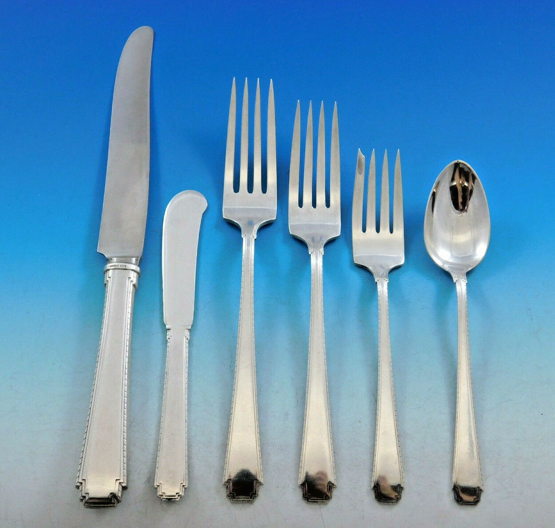 Wallace Rhythm Sterling Silver Flatware Set 75 pcs Art Deco with Storage Chest: Wallace Rhythm Sterling Silver Flatware Set 75 pcs Art Deco with Storage Chest Elevate your dining experience with this exquisite Rhythm by Wallace Sterling Silver Flatware Service, featuring a stunni