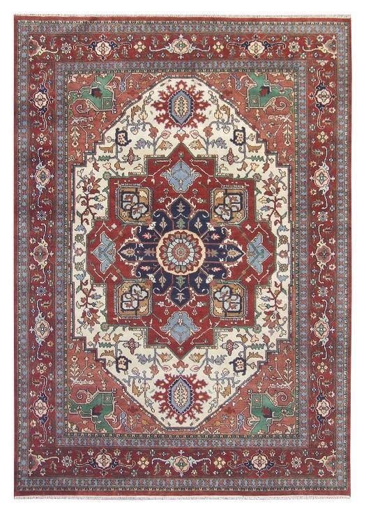 Handmade Serapi Rug 8'11 x 11'9 Wool Red Ivory Geometric Floral Design: Handmade Serapi Rug 8'11 x 11'9 Wool Red Ivory Geometric Floral Design Free continental US Shipping Introducing the stunning 8.11 x 11.9 Serapi Rug, a remarkable piece that showcases the artistry of P