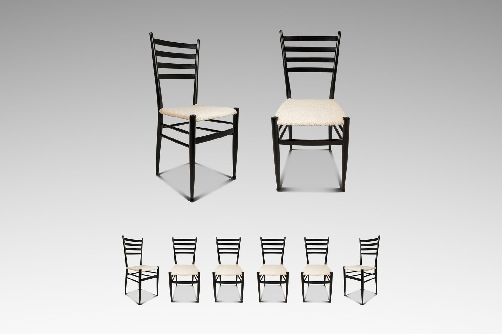 Six Italian Modern Ebonized Walnut Dining Chairs White Boucle in Style of Gio Ponti: Six Italian Modern Ebonized Walnut Dining Chairs White Boucle in Style of Gio Ponti This set of six bespoke Mid-Century Italian Modern dining chairs is crafted in the style of Gio Ponti's 'Leggera' de
