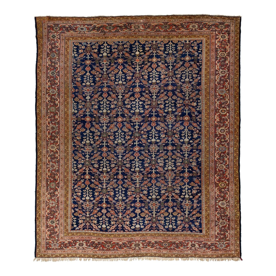Antique Mahal Wool Rug Navy Blue Floral Design 11' x 13'2": Antique Mahal Wool Rug Navy Blue Floral Design 11' x 13'2" Immerse yourself in the elegance of this exquisite hand-knotted Antique Mahal wool rug, crafted in the 1900s. Featuring a stunning navy blue
