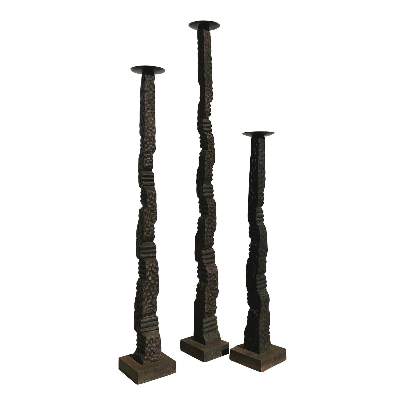 Vintage Boho Candle Stand Trio 60 50 40 Inch Ebony Wood Metal: Vintage Boho Candle Stand Trio 60 50 40 Inch Ebony Wood Metal Enhance your home decor with this exquisite trio of vintage floor candle stands. Each stand features an organic, textured design complemen