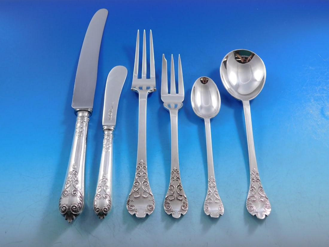 CJ Vander William & Mary Sterling Silver Flatware Set 57 pcs: CJ Vander William & Mary Sterling Silver Flatware Set 57 pcs Elevate your dining experience with this exquisite William & Mary Sterling Silver Flatware Set by CJ Vander. This remarkable set, comprisin