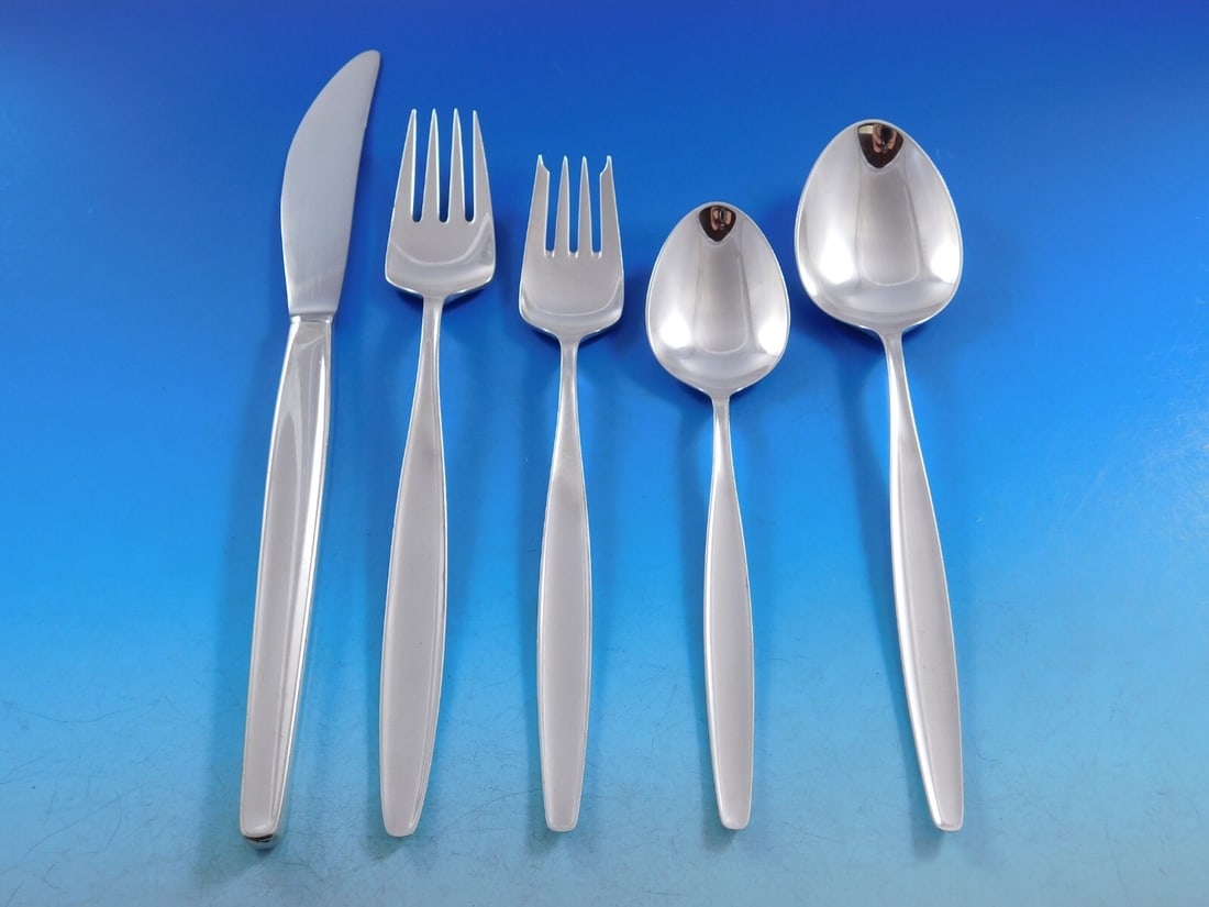 Georg Jensen Cypress Sterling Silver Flatware Set for 12 61 pcs Mid-Century Modern: Georg Jensen Cypress Sterling Silver Flatware Set for 12 61 pcs Mid-Century Modern Experience the elegance of mid-century modern design with this stunning Cypress sterling silver flatware set by Georg