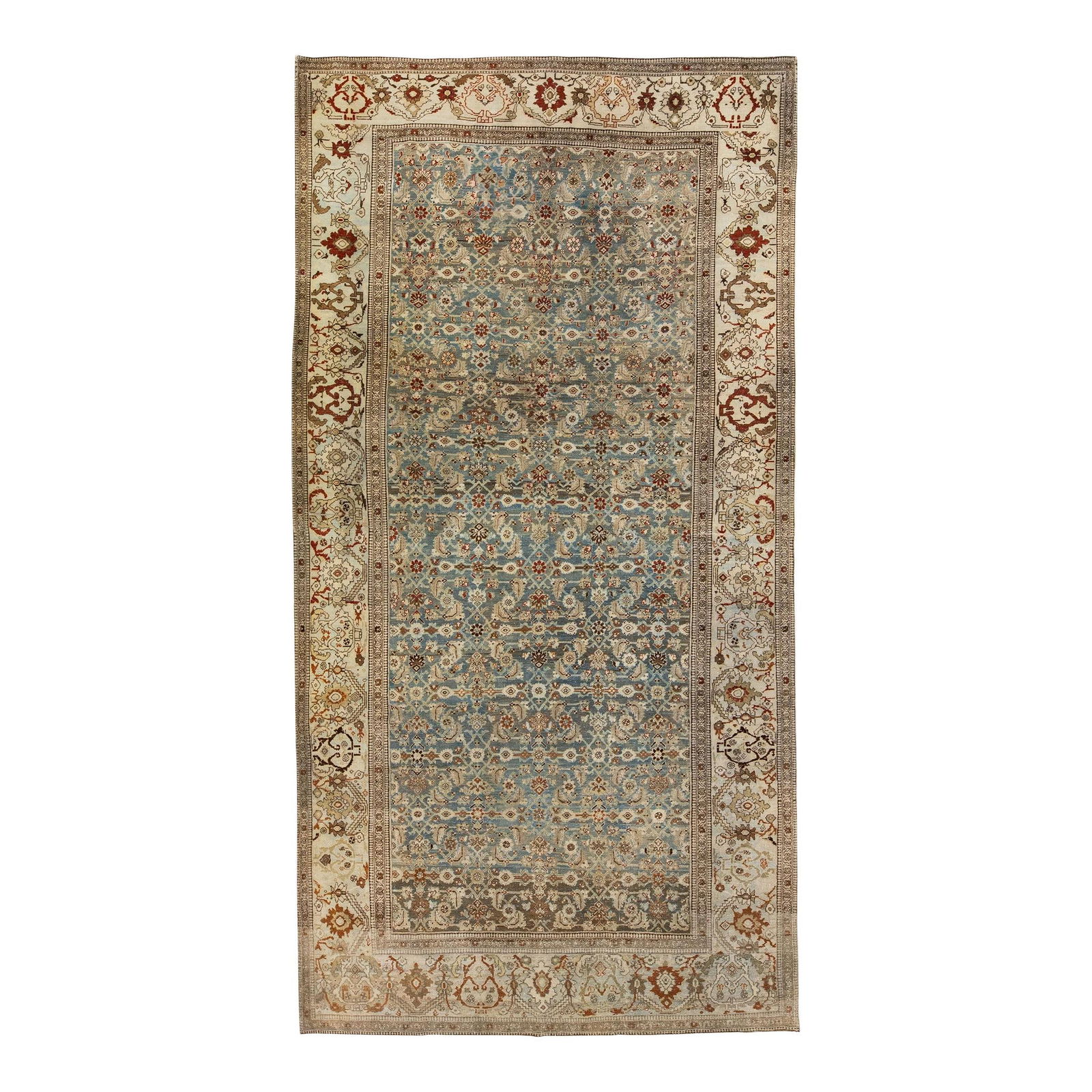 Antique Bidjar Handmade Wool Rug 6'9 x 13'6 Floral Design Gray: Antique Bidjar Handmade Wool Rug 6'9 x 13'6 Floral Design Gray This exquisite antique Bidjar rug showcases a hand-knotted wool construction, featuring a beautiful blue field adorned with intricate rus