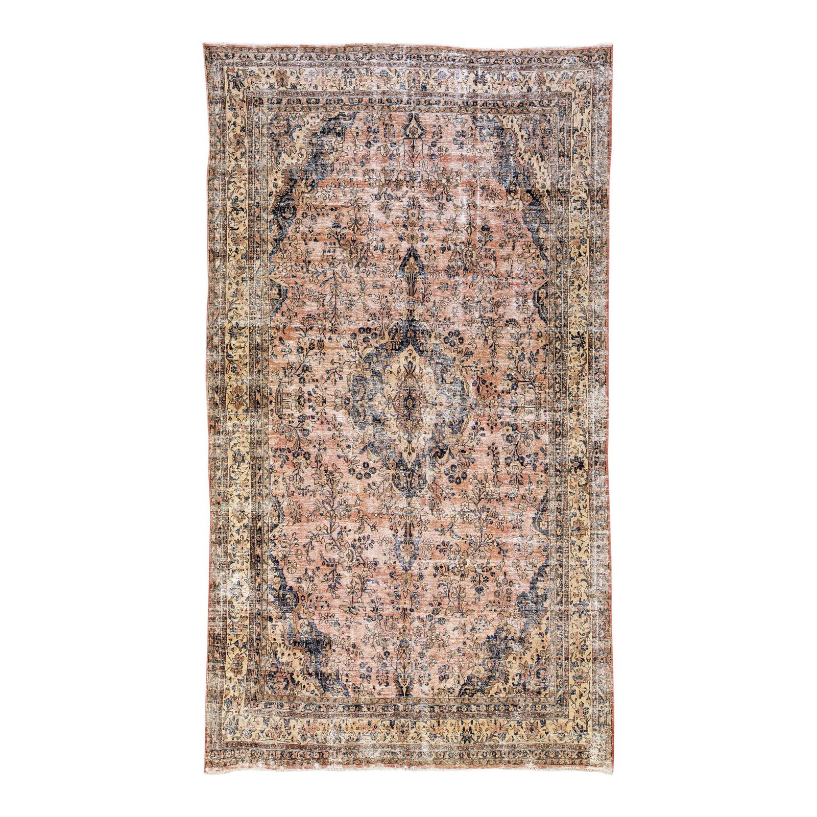 Vintage Persian Handmade Floral Wool Rug 10'4 x 18'2 Peach: Vintage Persian Handmade Floral Wool Rug 10'4 x 18'2 Peach This exquisite vintage Persian rug features a distressed peach field adorned with a stunning all-over floral medallion design. Hand-knotted f