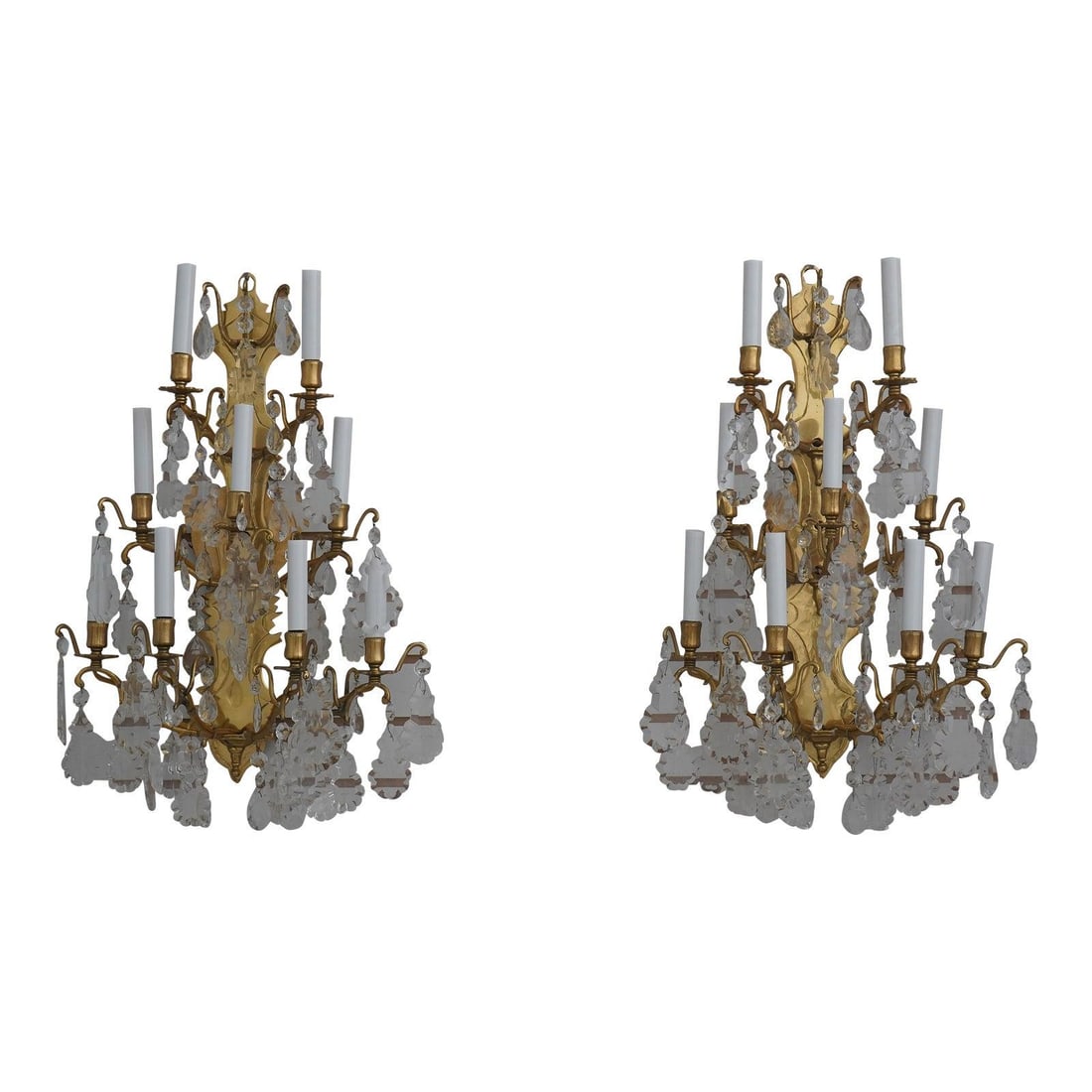 Vintage Federal Style Brass 9 Arm Crystal Wall Sconces Pair: Vintage Federal Style Brass 9 Arm Crystal Wall Sconces Pair This exquisite pair of vintage brass and crystal lighted wall sconces, approximately 60 years old, features high-quality construction in a c